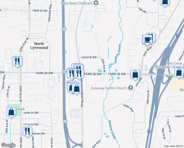 map of restaurants, bars, coffee shops, grocery stores, and more near 2520 164th Street Southwest in Lynnwood
