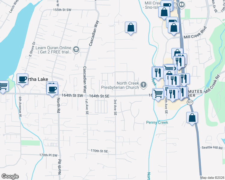 map of restaurants, bars, coffee shops, grocery stores, and more near 301 163rd Place Southeast in Bothell