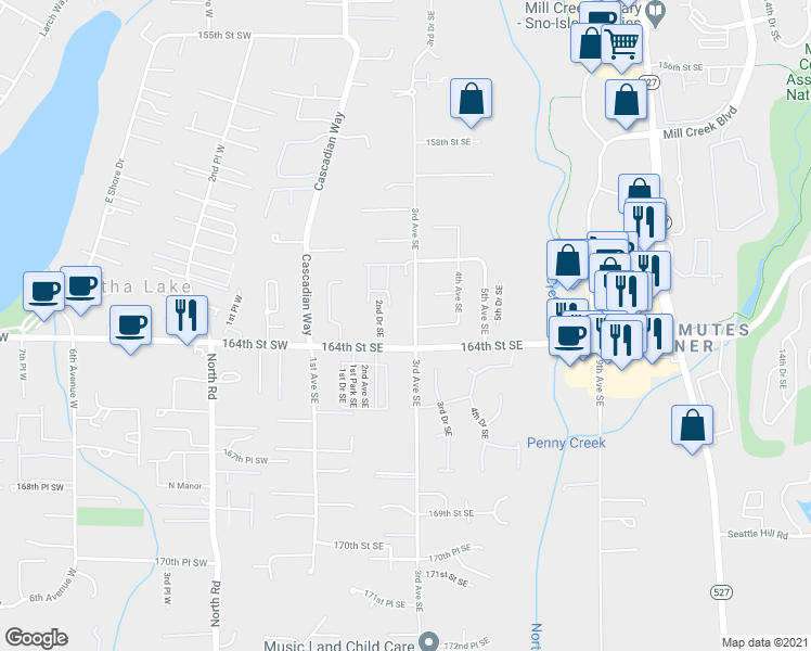 map of restaurants, bars, coffee shops, grocery stores, and more near 301 163rd Place Southeast in Bothell