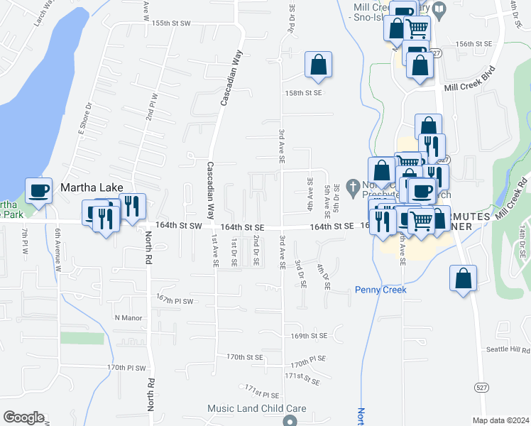 map of restaurants, bars, coffee shops, grocery stores, and more near 16307 2nd Drive Southeast in Bothell