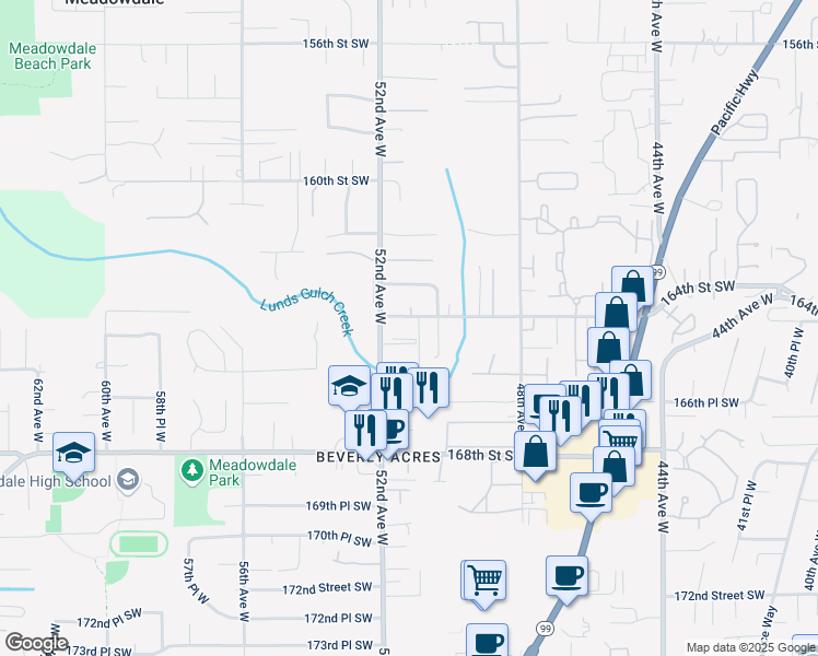 map of restaurants, bars, coffee shops, grocery stores, and more near 5106 164th Street Southwest in Edmonds