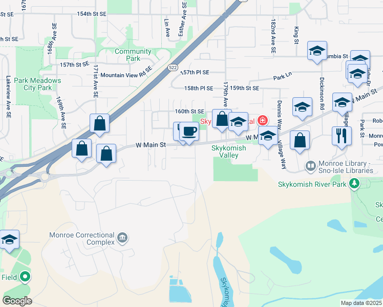 map of restaurants, bars, coffee shops, grocery stores, and more near 16218 177th Avenue Southeast in Monroe