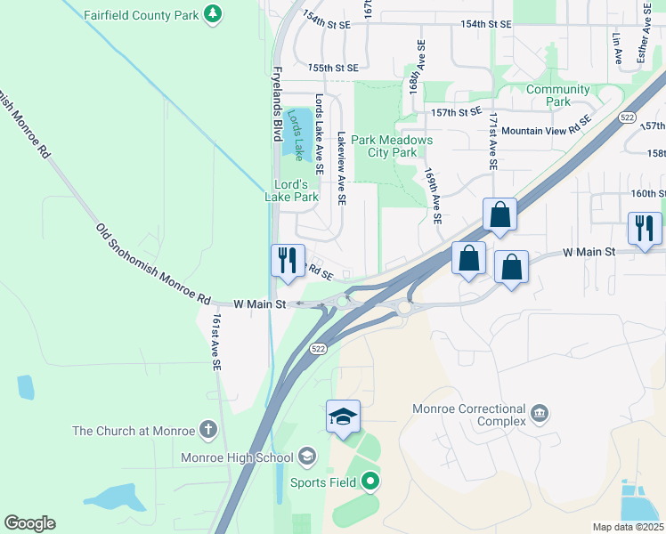 map of restaurants, bars, coffee shops, grocery stores, and more near 16517 Currie Road Southeast in Monroe