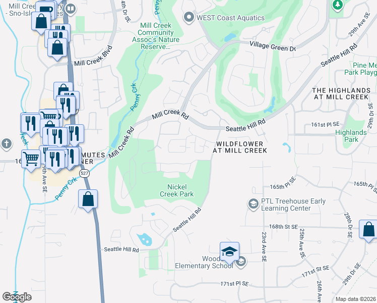 map of restaurants, bars, coffee shops, grocery stores, and more near 16336 18th Drive Southeast in Mill Creek