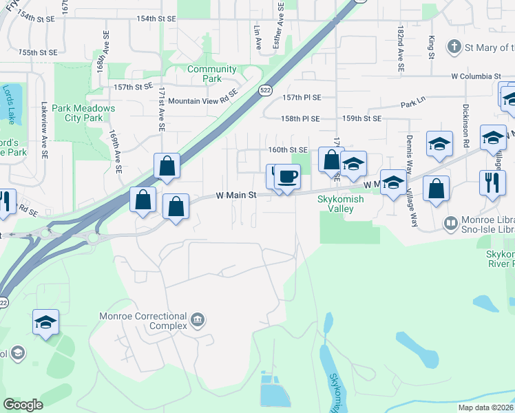 map of restaurants, bars, coffee shops, grocery stores, and more near 17510 West Main Street in Monroe