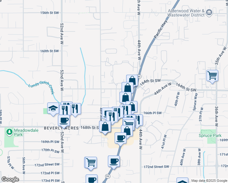 map of restaurants, bars, coffee shops, grocery stores, and more near 4622 164th Street Southwest in Lynnwood