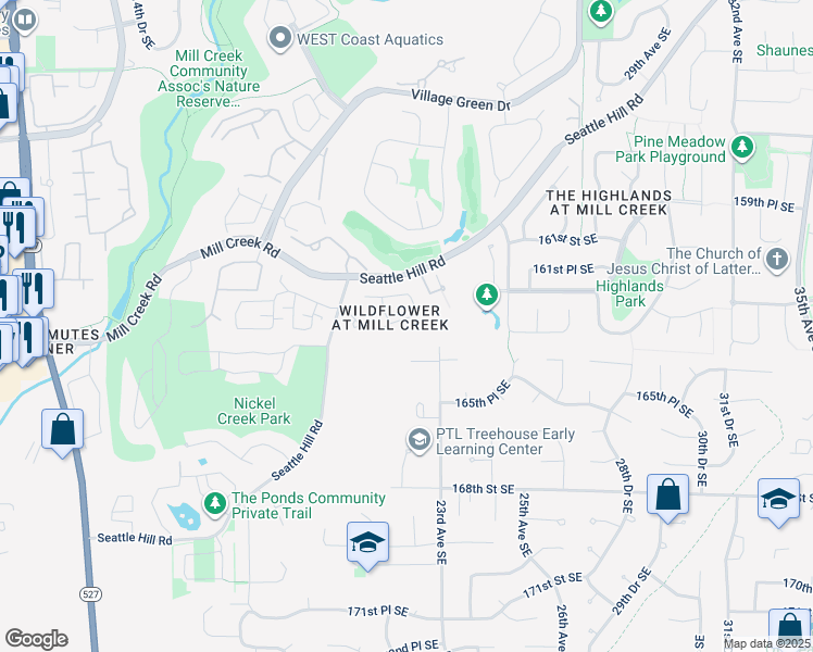 map of restaurants, bars, coffee shops, grocery stores, and more near 2132 163rd Street Southeast in Mill Creek