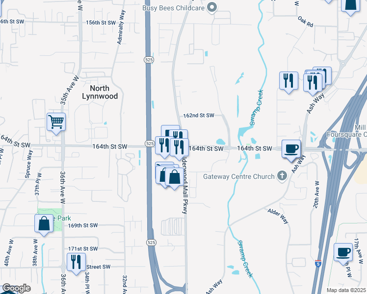 map of restaurants, bars, coffee shops, grocery stores, and more near 164th St SW & Manor Way in Lynnwood