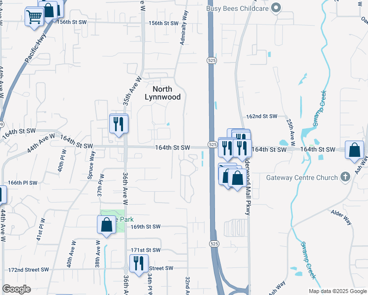 map of restaurants, bars, coffee shops, grocery stores, and more near 164th St SW & Wildwood Dr in Lynnwood