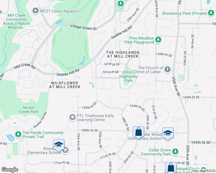 map of restaurants, bars, coffee shops, grocery stores, and more near 2609 163rd Place Southeast in Mill Creek