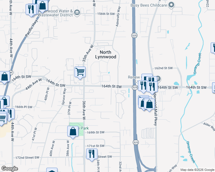 map of restaurants, bars, coffee shops, grocery stores, and more near 3324 164th Street Southwest in Lynnwood