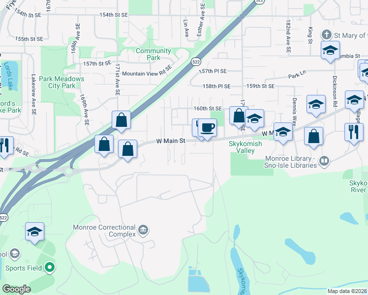 map of restaurants, bars, coffee shops, grocery stores, and more near 17522 West Main Street in Monroe