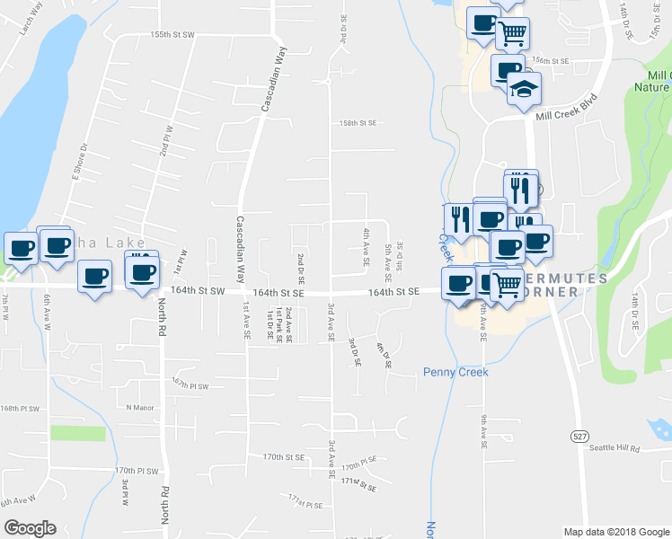 map of restaurants, bars, coffee shops, grocery stores, and more near 301 163rd Place Southeast in Bothell