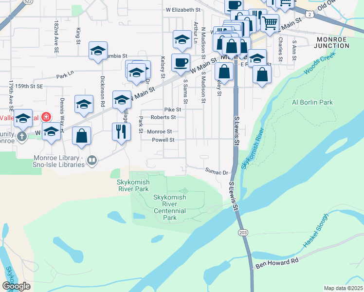 map of restaurants, bars, coffee shops, grocery stores, and more near 414 South Sams Street in Monroe