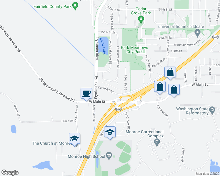 map of restaurants, bars, coffee shops, grocery stores, and more near 16517 Currie Road Southeast in Monroe