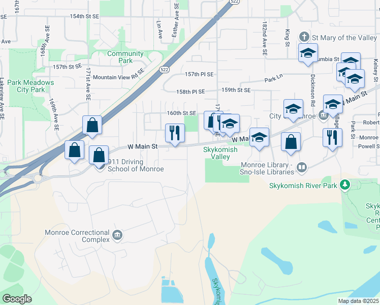 map of restaurants, bars, coffee shops, grocery stores, and more near 16218 177th Avenue Southeast in Monroe