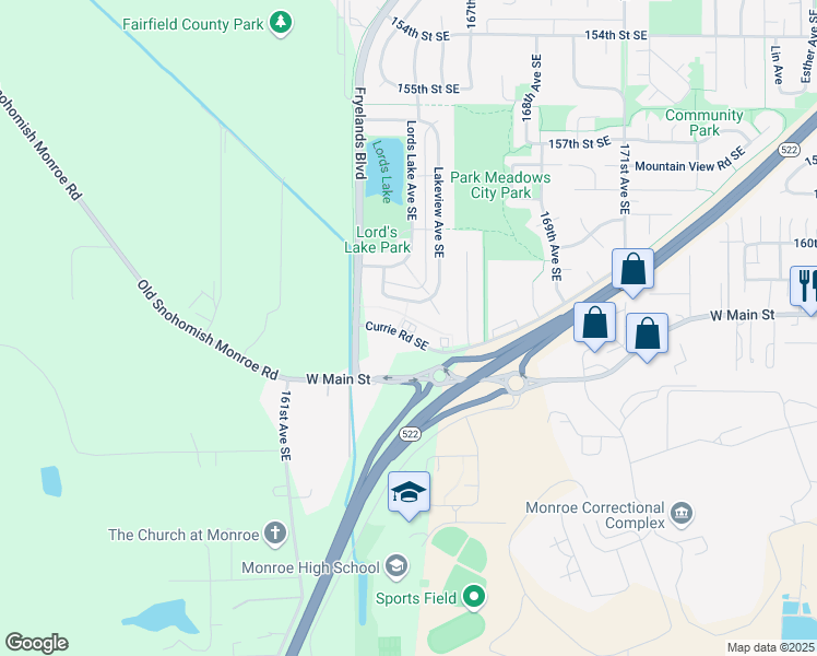 map of restaurants, bars, coffee shops, grocery stores, and more near 16517 Currie Road Southeast in Monroe