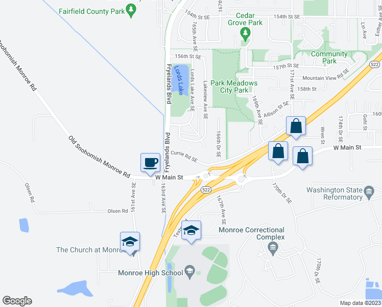 map of restaurants, bars, coffee shops, grocery stores, and more near 16517 Currie Road Southeast in Monroe