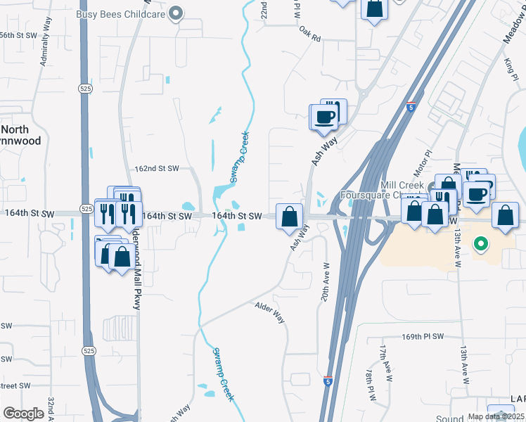 map of restaurants, bars, coffee shops, grocery stores, and more near 16328a 22nd Avenue West in Lynnwood