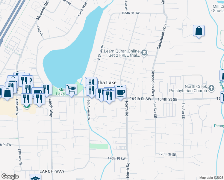 map of restaurants, bars, coffee shops, grocery stores, and more near 16308 2nd Place West in Lynnwood