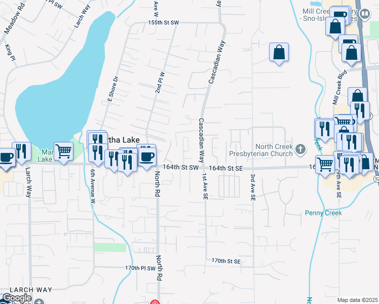 map of restaurants, bars, coffee shops, grocery stores, and more near 3 164th Street Southwest in Bothell
