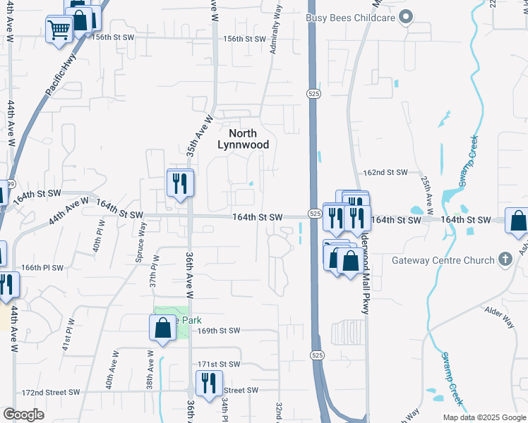 map of restaurants, bars, coffee shops, grocery stores, and more near 16200 Admiralty Way in Lynnwood