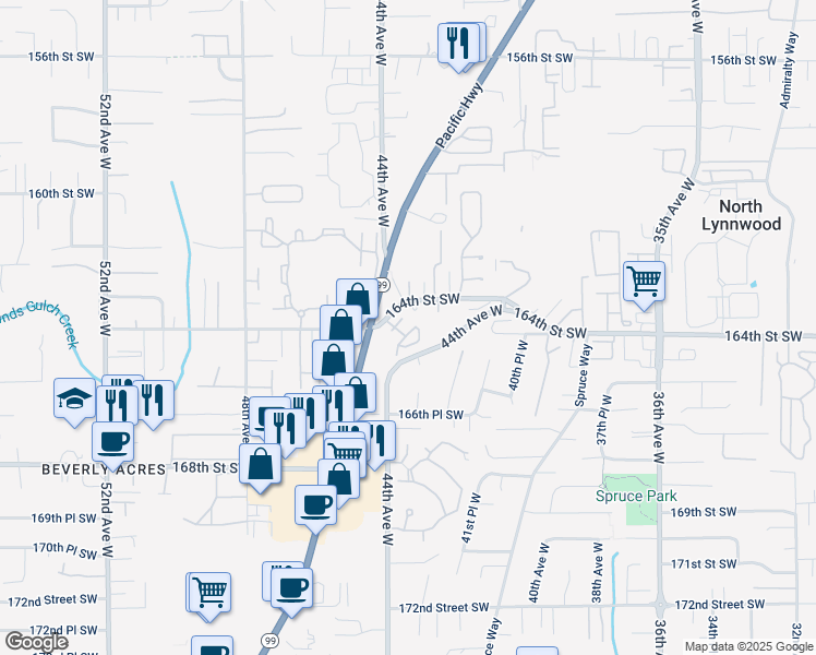 map of restaurants, bars, coffee shops, grocery stores, and more near 16402 43rd Avenue West in Lynnwood