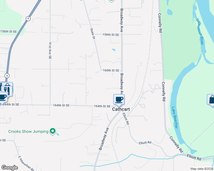 map of restaurants, bars, coffee shops, grocery stores, and more near 9715 162nd Street Southeast in Snohomish