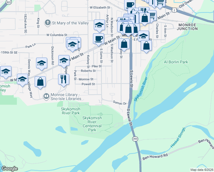map of restaurants, bars, coffee shops, grocery stores, and more near 310 Powell Street in Monroe