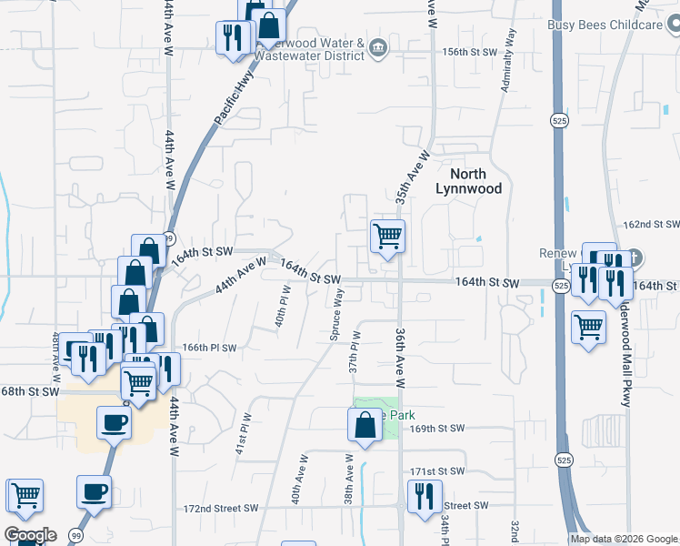 map of restaurants, bars, coffee shops, grocery stores, and more near in North Lynnwood
