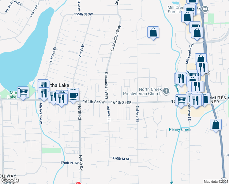 map of restaurants, bars, coffee shops, grocery stores, and more near 125 164th Street Southeast in Bothell