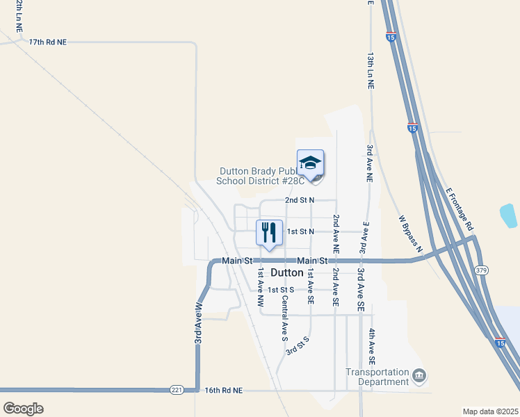 map of restaurants, bars, coffee shops, grocery stores, and more near 101 2nd Avenue Northwest in Dutton