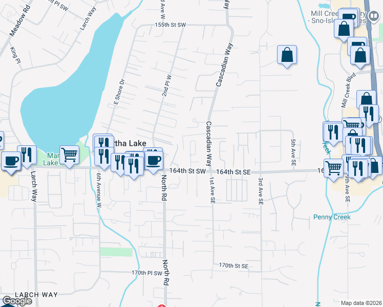 map of restaurants, bars, coffee shops, grocery stores, and more near 15 164th Street Southwest in Bothell
