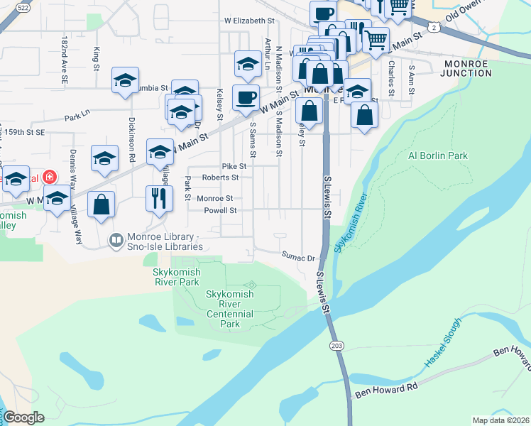 map of restaurants, bars, coffee shops, grocery stores, and more near 310 Powell Street in Monroe