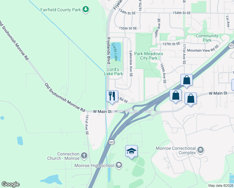 map of restaurants, bars, coffee shops, grocery stores, and more near 16409 Currie Road Southeast in Monroe