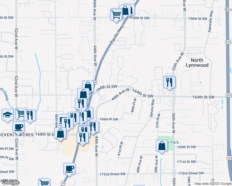 map of restaurants, bars, coffee shops, grocery stores, and more near 16400 44th Avenue West in Lynnwood