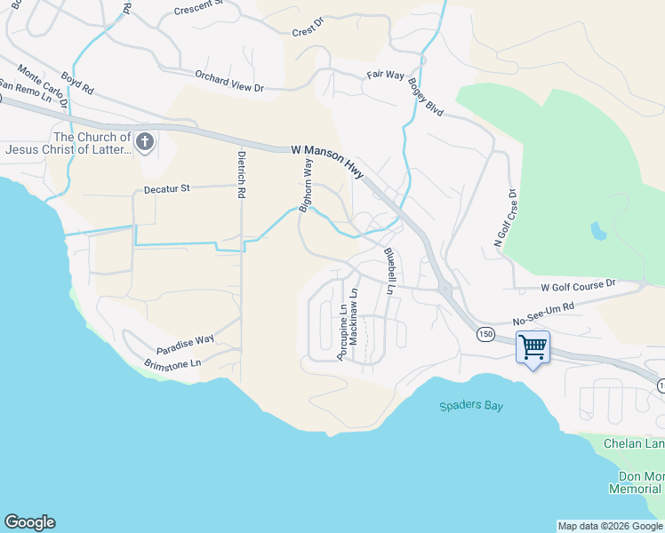 map of restaurants, bars, coffee shops, grocery stores, and more near 577 Porcupine Lane in Chelan