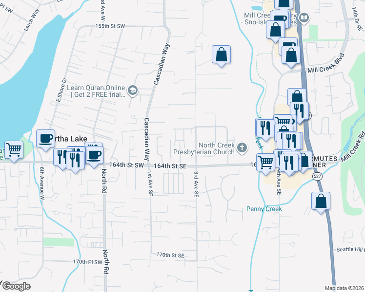 map of restaurants, bars, coffee shops, grocery stores, and more near 16307 2nd Drive Southeast in Bothell