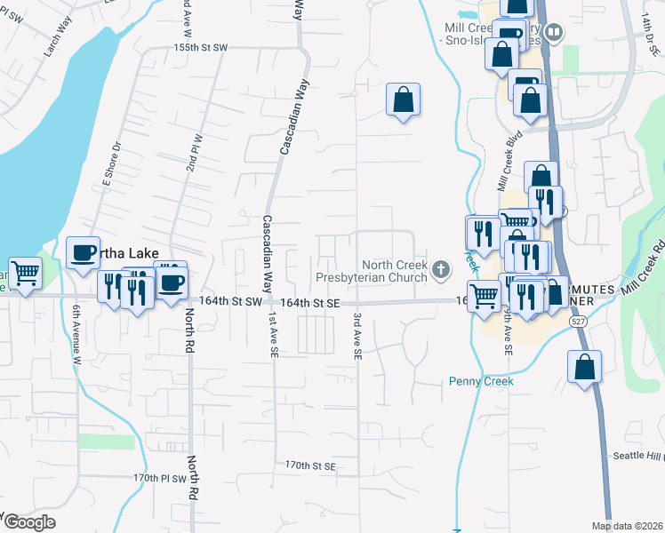 map of restaurants, bars, coffee shops, grocery stores, and more near 16307 2nd Drive Southeast in Bothell