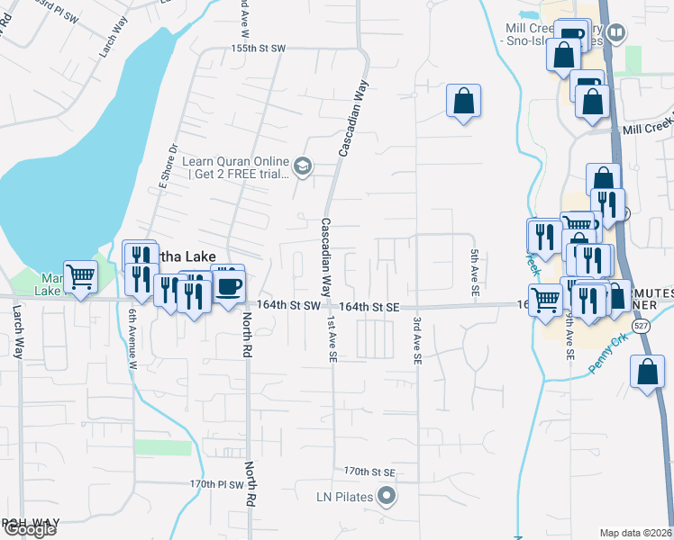 map of restaurants, bars, coffee shops, grocery stores, and more near 16301 Cascadian Way in Bothell