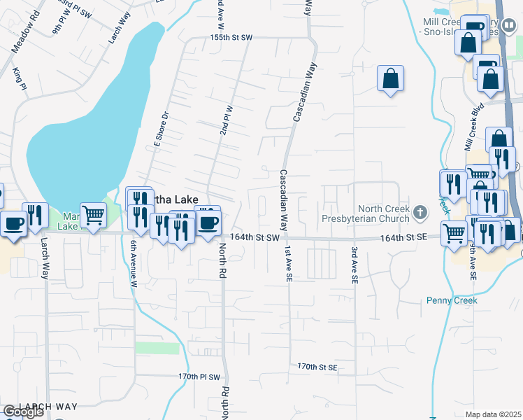 map of restaurants, bars, coffee shops, grocery stores, and more near 15 164th Street Southwest in Bothell