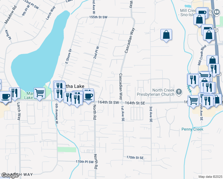 map of restaurants, bars, coffee shops, grocery stores, and more near 15 164th Street Southwest in Bothell