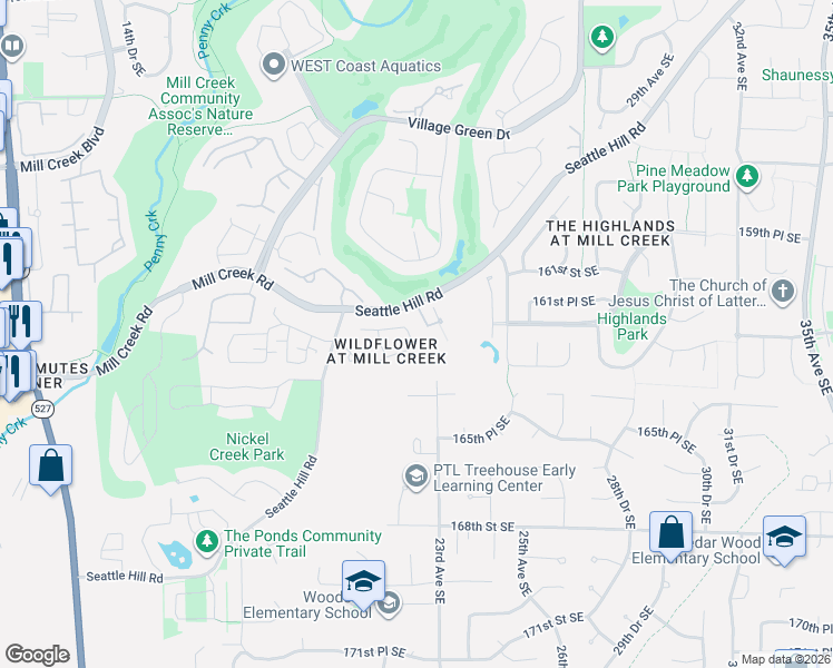 map of restaurants, bars, coffee shops, grocery stores, and more near 16225 22nd Drive Southeast in Mill Creek