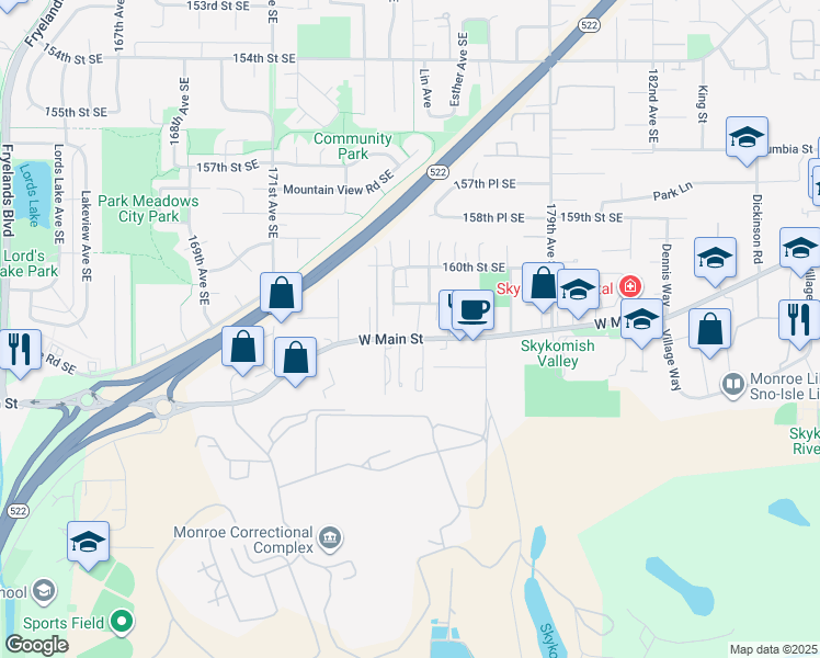 map of restaurants, bars, coffee shops, grocery stores, and more near 17428 West Main Street in Monroe