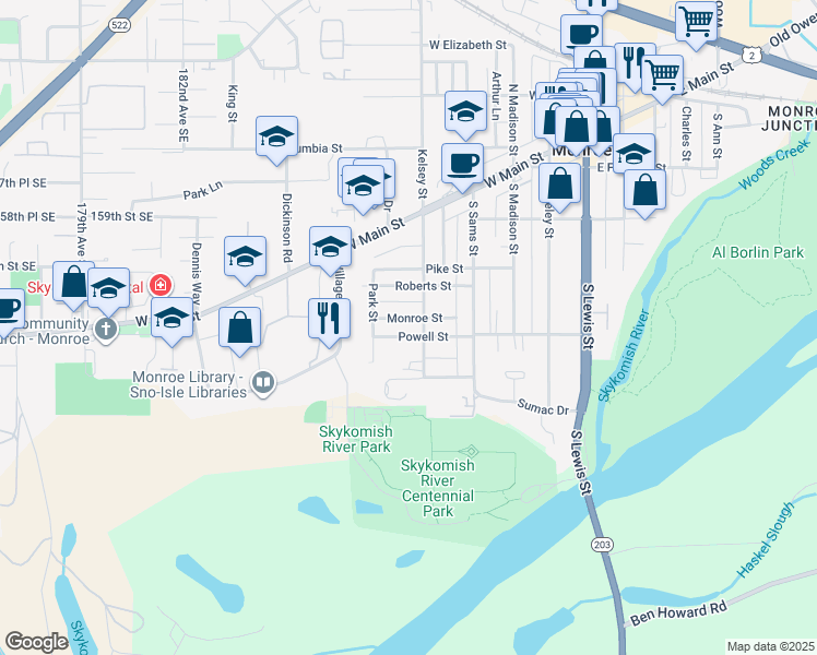 map of restaurants, bars, coffee shops, grocery stores, and more near 624 Monroe Street in Monroe