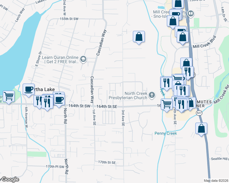 map of restaurants, bars, coffee shops, grocery stores, and more near 16307 2nd Drive Southeast in Bothell