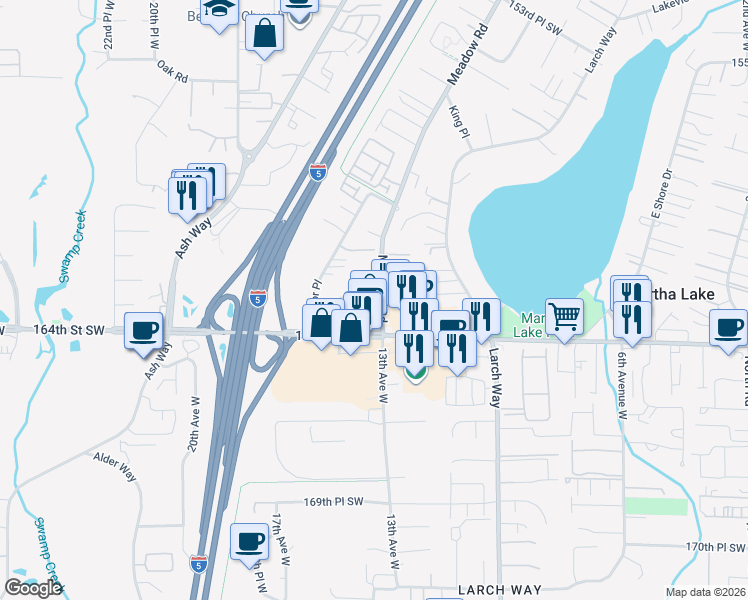 map of restaurants, bars, coffee shops, grocery stores, and more near in Larch Way