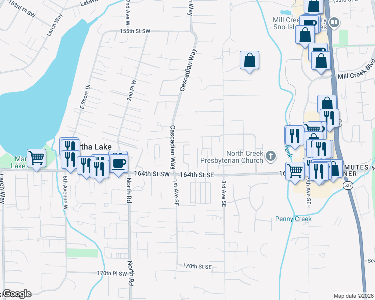 map of restaurants, bars, coffee shops, grocery stores, and more near 107 164th Street Southeast in Bothell