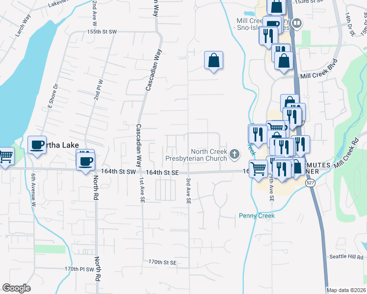 map of restaurants, bars, coffee shops, grocery stores, and more near 304 161st Place Southeast in Bothell