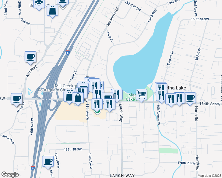 map of restaurants, bars, coffee shops, grocery stores, and more near 16126 Larch Way in Lynnwood